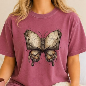 Comfort Colors® Book Butterfly Shirt, Gothic Book Lover Graphic Tee, Dark Academia Reader Gift.