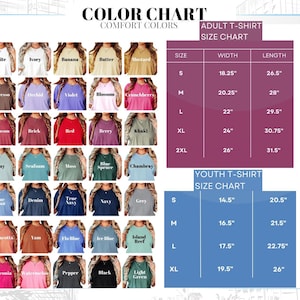 May include: A Comfort Colors t-shirt color chart displaying thirty-five fabric swatches with labels including White, Ivory, Banana, Butter, Mustard, Espresso, Orchid, Violet, Blossom, Crunchberry, Crimson, Brick, Red, Berry, Khaki, Bay, Seafoam, Moss, Blue Spruce, Chambray, Blue Jean, Denim, True Navy, Navy, Grey, Terracotta, Yam, Flo Blue, Ice Blue, Island Reef, Heliconia, Watermelon, Pepper, Black, and Light Green, alongside adult and youth size charts with imperial measurements.