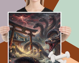 Yamata no Orochi Poster | Japanische Mythologie: Schlangenmotiv | Sturmtempelszene | Legendäre Drachenschlange als Wanddekoration | Mori no Akari-Serie