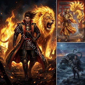 Puede incluir: Impresión artística digital que representa a un guerrero samurái con un león en llamas. El guerrero viste una armadura negra y roja y empuña una espada. El texto "Mori no Akari Series" es visible.