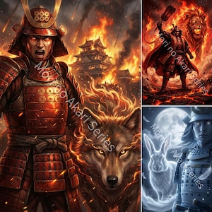 Puede incluir: Arte digital que muestra un samurái con armadura roja, un castillo en llamas y un lobo envuelto en fuego. El texto "Mori no Akari Series" es visible. El samurái tiene una expresión intensa, en medio del fuego y los escombros.