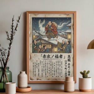May include: A framed vintage-style print featuring a Japanese illustration. The artwork depicts a man in a red coat walking on rooftops, with a glowing deer and text in Japanese. The print has a wooden frame and a distressed paper appearance.