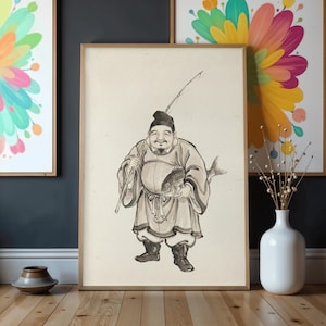 May include: A framed ink drawing of a smiling fisherman holding a fish and a fishing rod. The artwork is in a traditional Asian style, with a muted color palette. The fisherman is wearing a hat and traditional clothing.