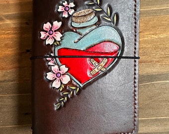 Wide leather pocket journal field notes cover - wallet style - passport cover - broken heart jar with cherry blossom flowers