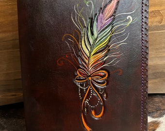 Hand tooled feather leather A5 6 ring planner binder