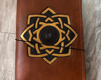 Leather a5 travelers notebook ~ handtooled veg tan leather ~ journal cover ~ Celtic knot ~ druzy stone