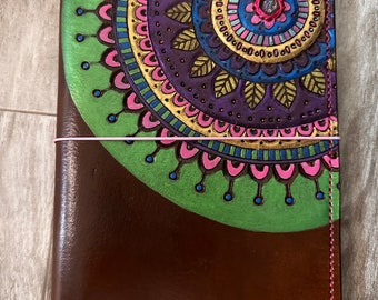 Leather a5 travelers notebook ~ handtooled veg tan leather ~ journal cover ~ mandala ~ druzy stone