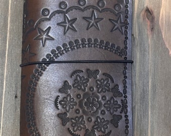 Pocket leather travelers notebook cover - field notes or moleskins cahiers cover - tooled mandala