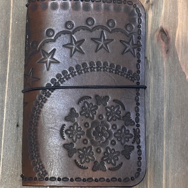 Pocket leather travelers notebook cover - field notes or moleskins cahiers cover - tooled mandala