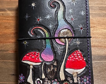 Wide leather pocket journal field notes cover - wallet style - passport cover - whimsical mushrooms and flowers