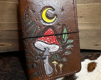 Mushrooms and ferns leather pocket journal cover travelers notebook