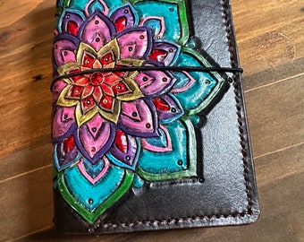 Wide leather pocket journal field notes cover - wallet style - passport cover - rainbow mandala