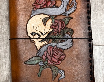 B6 leather travelers notebook ~ handtooled skull and roses - secretarial pockets - refillable journal