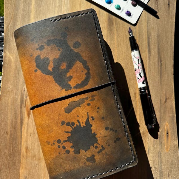 Handmade Leather trifold Traveler's Notebook – rustic with ink stains - standard size
