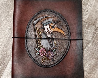 Leather a5 travelers notebook ~ handtooled veg tan leather ~ journal cover ~ plague doctor ~ steampunk