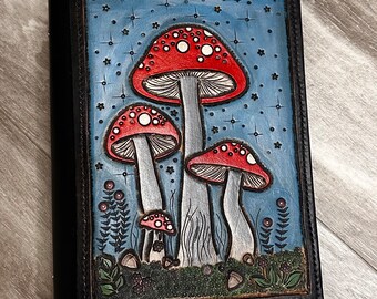 Hand tooled mushrooms leather A5 6 ring planner binder ~ one of a kind