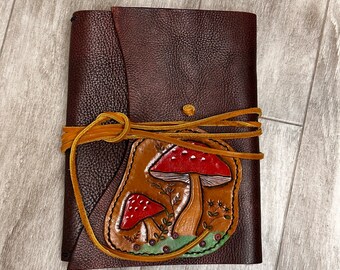 B6 leather trifold travelers notebook journal cover - handtooled mushrooms