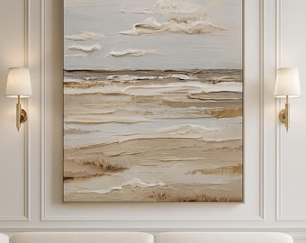 Neutrale beige Küstenwandkunst, strukturierte abstrakte Seelandschaft, minimalistische Malerei digitaler Download