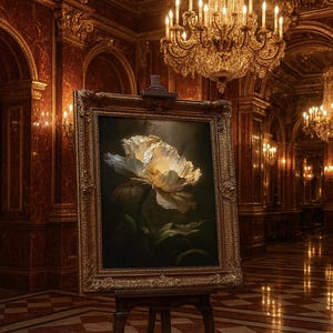 Puede incluir: Pintura enmarcada de una flor blanca sobre un caballete de madera. La obra de arte se exhibe en un gran salón con suelo ajedrezado, paredes de mármol rojo y una gran lámpara de araña.