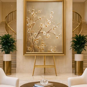 Puede incluir: Una gran pintura enmarcada de flores blancas sobre un caballete dorado. La pintura se encuentra en un entorno lujoso con detalles dorados, incluyendo una lámpara de araña, una escalera y macetas con vegetación. Una mesa redonda y sillas están en primer plano.