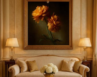 Golden Baroque Peonies – Dramatic Floral Fine Art Print, Moody Vintage Wall Art