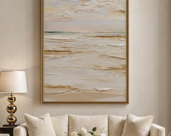 Neutrale Küstenwandkunst, strukturierte beige Seelandschaft, minimalistische Strandmalerei Download