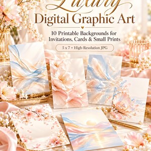 May include: A collection of 10 printable digital graphic art backgrounds featuring soft pastel floral, feather, and abstract wave designs. The text reads Luxury Digital Graphic Art, 10 Printable Backgrounds for Invitations, Cards & Small Prints, 5 x 7 High-Resolution JPG.