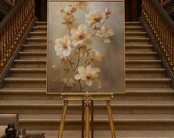 Neutrale Magnolie Wand Kunstdruck, beige Blumenmalerei, weiches minimalistisches Dekor, digitaler Download
