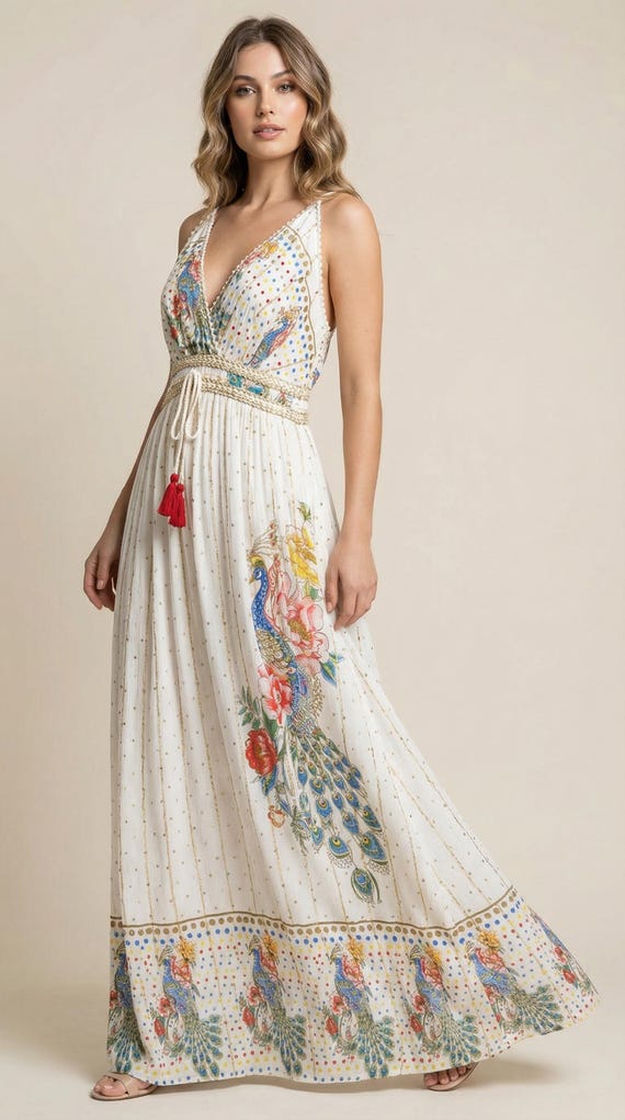 bohemian peacock print maxi dress Boho superdown Greta Zip Up Moulin Rouge inspired vertical border print Select Size:1XL