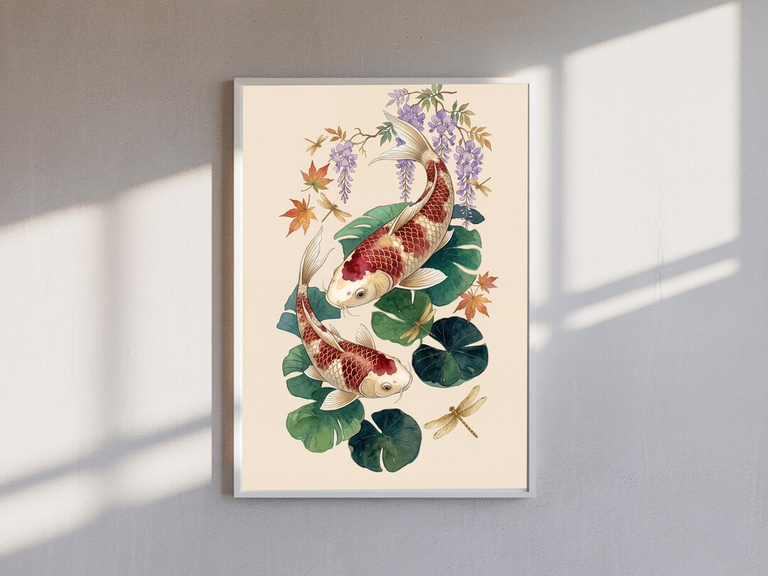 Koi Fish Print Watercolor Asian Wall Art Lotus Wisteria Japanese Decor ...