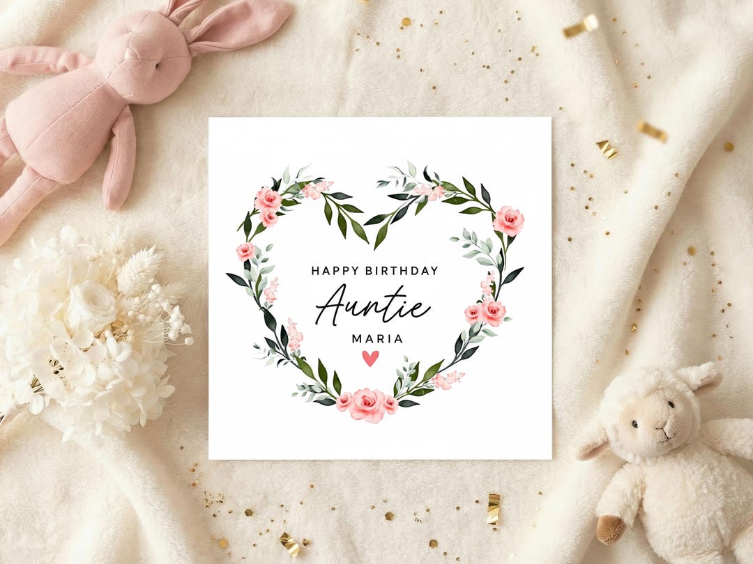 Personalised Auntie Birthday Card With Name, Floral Heart Wreath, Cute ...