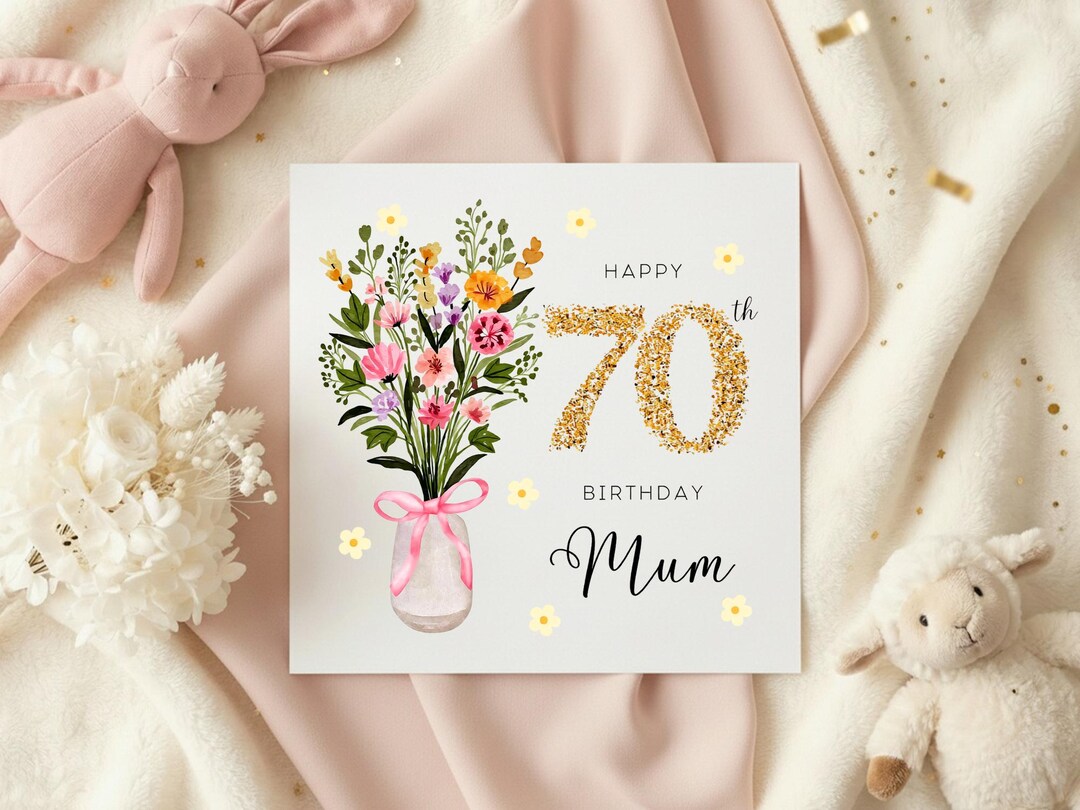 Mum 70th Birthday Card With Flowers, Floral Gold Glitter Seventieth ...