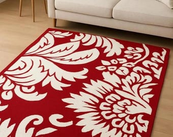 Handmade Tufted Red White Floral Rug, Modern Large Area Carpet, Bold Flower Pattern Rug, Living Room Statement Rug, Custom Size Home Decor