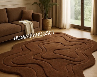 Tappeto marrone con motivo a onde scolpite / Tappeto moderno annodato a mano / Arredamento contemporaneo e accogliente per la casa