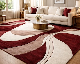 Handmade Tufted Abstract Area Rug, Burgundy Cream Modern Carpet, Luxury Living Room Rug, Contemporary Geometric Floor Rug, Custom Large Area