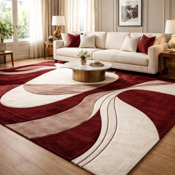 Handmade Tufted Abstract Area Rug, Burgundy Cream Modern Carpet
