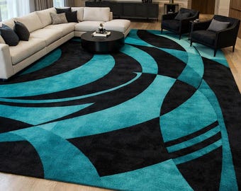 Handmade Tufted Abstract Area Rug, Black Teal Modern Carpet, Geometric Living Room Rug, Contemporary Floor Rug, Large Custom Size Rug