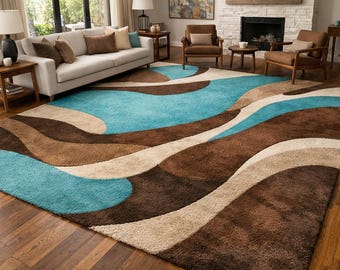 Handmade Tufted Abstract Area Rug, Modern Blue Brown Cream Carpet, Large Living Room Rug, Contemporary Wavy Design Floor Rug, Custom Size