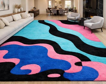 Handmade Abstract Wavy Tufted Rug, Cyan Pink Blue Living Room Carpet