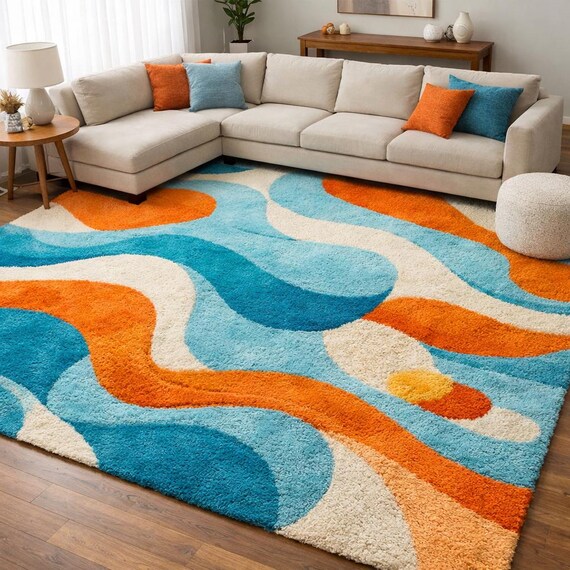 Handmade Abstract Area Rug, Cyan Orange Modern Carpet, Plush Living Room Designer Rug