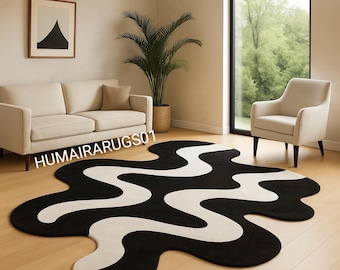 Handgemachter getufteter abstrakter Teppich | Gewellter Black & White Teppich