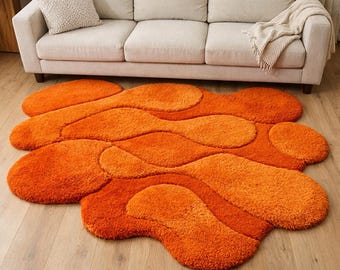Tappeto tuftato arancione fatto a mano, tappeto moderno astratto a pelo lungo