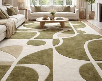 Tappeto astratto verde trapuntato fatto a mano, tappeto moderno e soffice, decorazione per soggiorno color crema oliva.