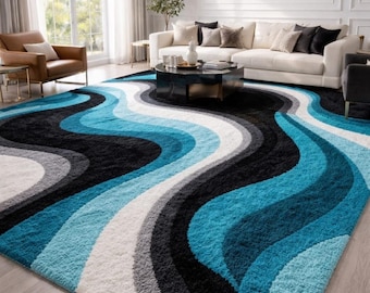 Handmade Tufted Abstract Area Rug, Blue Black White Modern Carpet, Luxury Living Room Rug, Wave Pattern Rug, Contemporary Home Decor