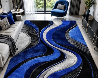 Handmade Tufted Abstract Blue Rug, Modern Wave Area Rug, Black White Blue Carpet, Luxury Living Room Rug, Custom Large Area Rug,