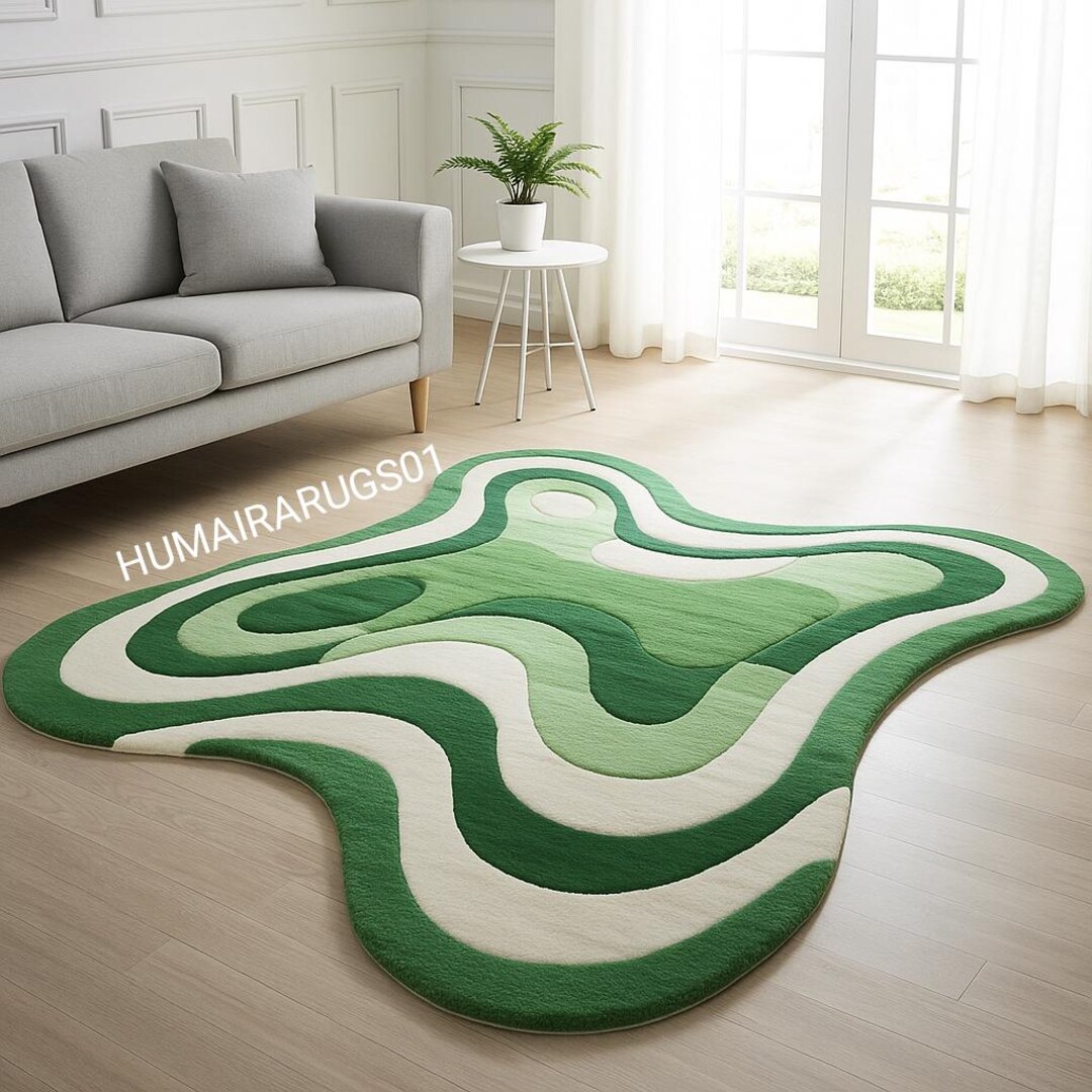 Patterned Green Rug Abstract Design Handmade Green Abstract Area Rug | Irregular Wavy Modern Carpet - Etsy