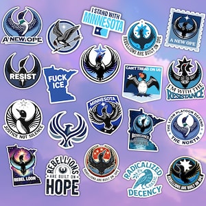 May include: A collection of stickers featuring various designs with a common theme. The stickers showcase a bird with outstretched wings, often in a circular or shield shape, with text like "RESIST" and "MINNESOTA". The color palette is primarily blue and white.