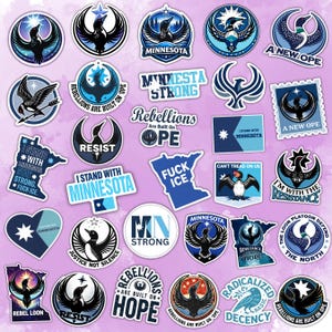 May include: A collection of stickers featuring various designs with a common theme. The stickers showcase images of a bird, the state of Minnesota, and phrases like "Minnesota Strong," "Resist," and "Rebellions are built on OPE." The color palette includes blue, black, and white.