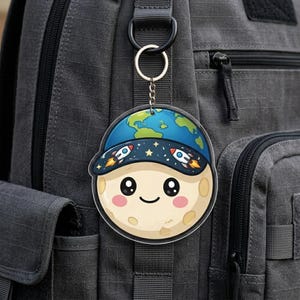 May include: A round keychain featuring a smiling moon wearing a blue cap with rockets and stars. The cap has a design of the Earth. The keychain is attached to a silver ring and chain, hanging against a gray backpack.