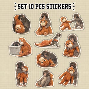 May include: Set of 10 sticker decals featuring various illustrations of monkeys in different poses. The stickers include monkeys hugging, playing, and resting. The text "SET 10 PCS STICKERS" is at the top of the image.
